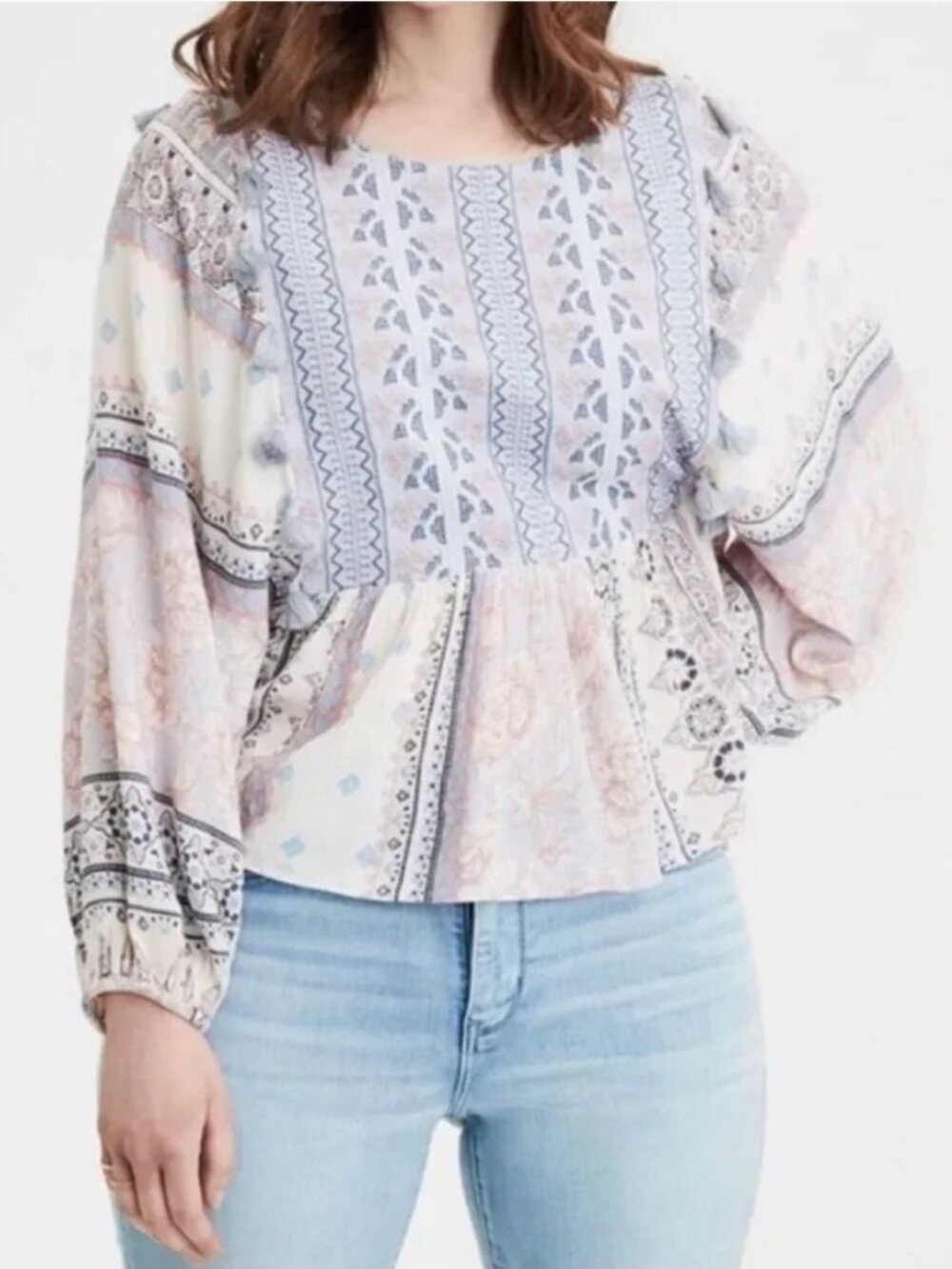 American Eagle Boho Tassel Peplum Blouse Blue Floral Long Sleeve Top